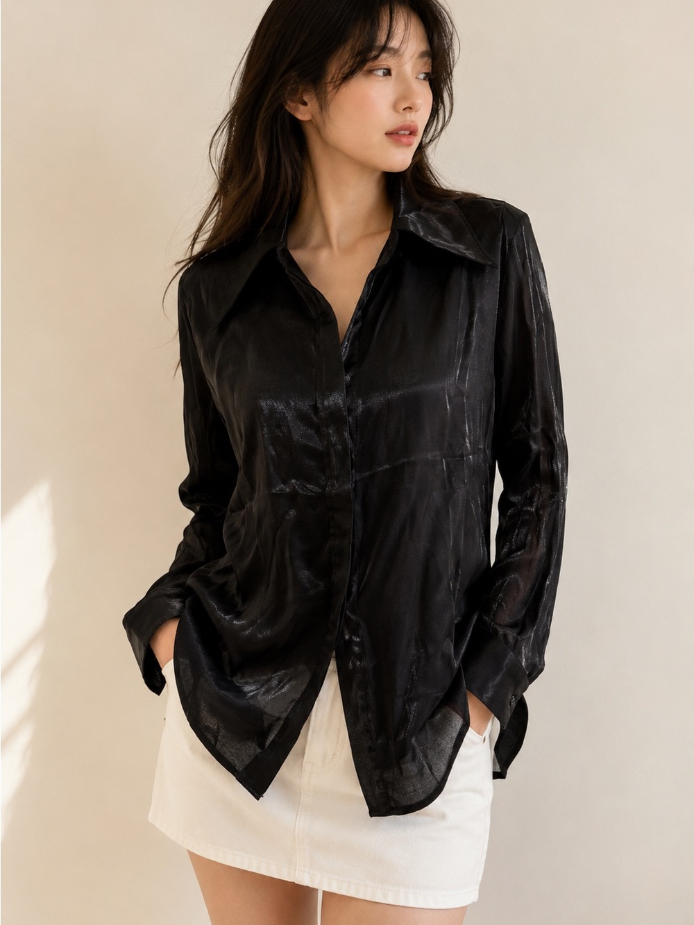 Womens Black Sheer Satin Button Up Blouse Long Sleeve Shimmer Oversized Shirt M